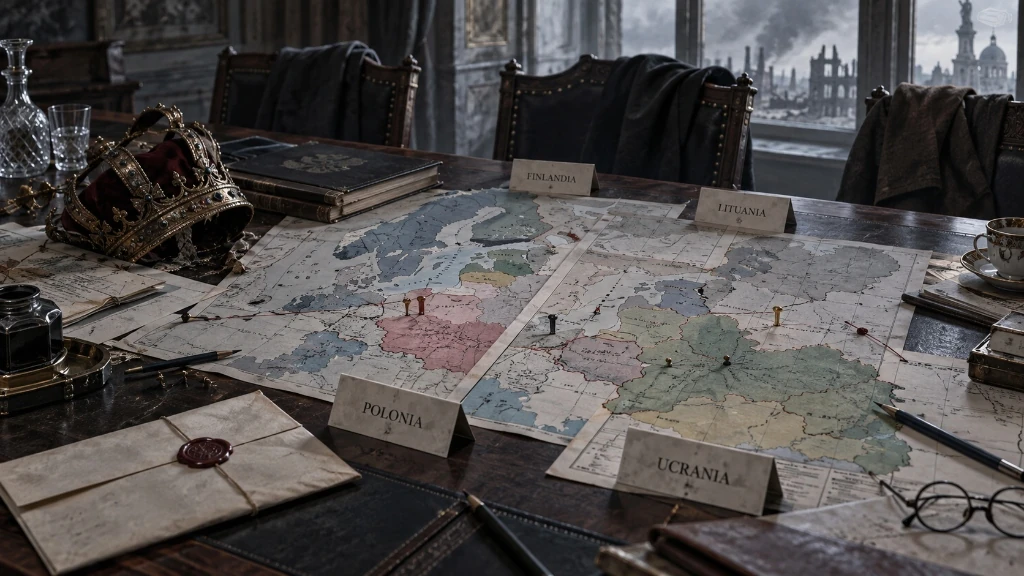 Mesa de negociación en 1918 con mapas de Europa oriental, cartelas de Finlandia, Lituania, Polonia y Ucrania y una corona