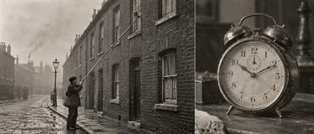 Un despertador humano golpea con una larga vara la ventana de una casa; a su lado aparece un antiguo reloj despertador.