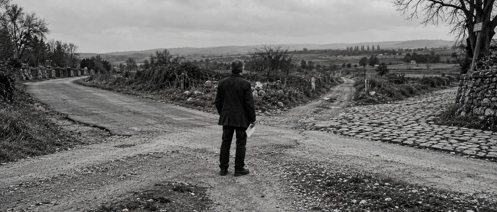 Un hombre con una papeleta ante una encrucijada de cuatro caminos
