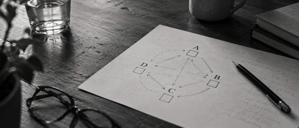 Papeleta sobre mesa con opciones A, B, C, D y red de relaciones