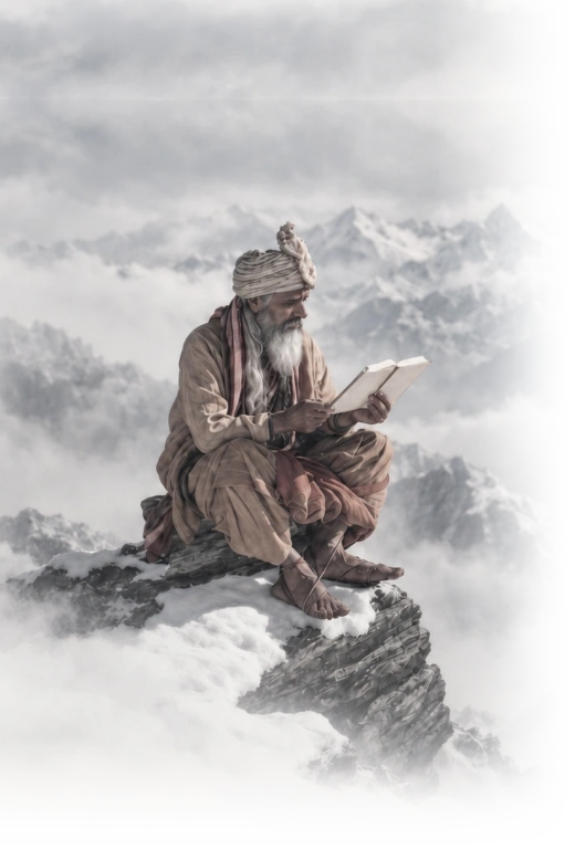Figura contemplativa leyendo en las cumbres montañosas
