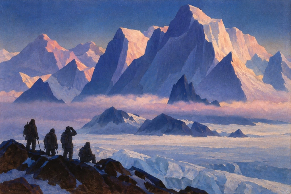 En las montañas de la locura I, cuadro generado por IA a la maniera de Nicholas Roerich
