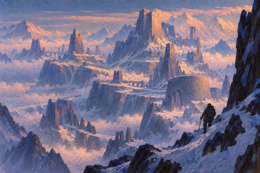 En las montañas de la locura II, cuadro generado por IA a la maniera de Nicholas Roerich