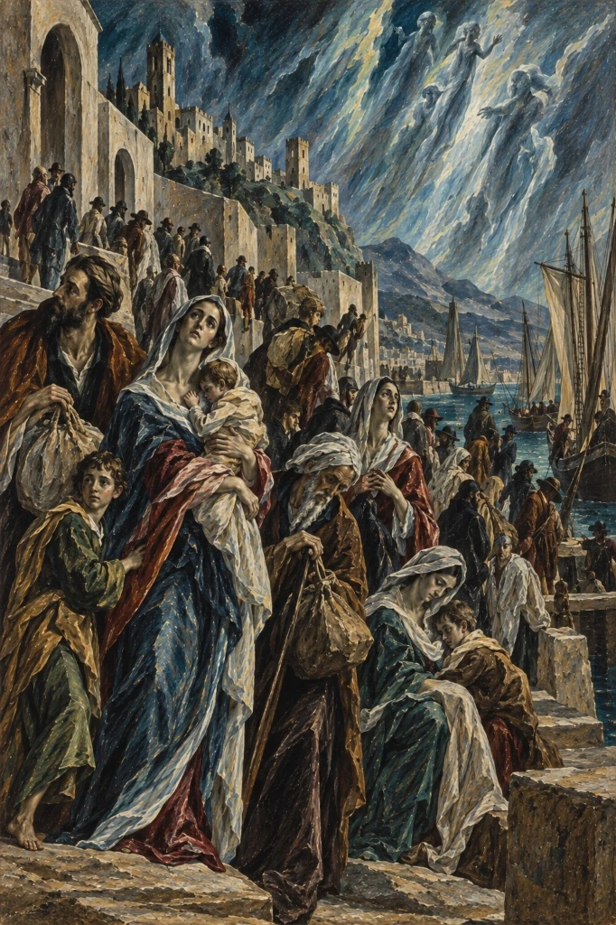 La expulsión de los moriscos, cuadro generado por IA a la maniera de El Greco