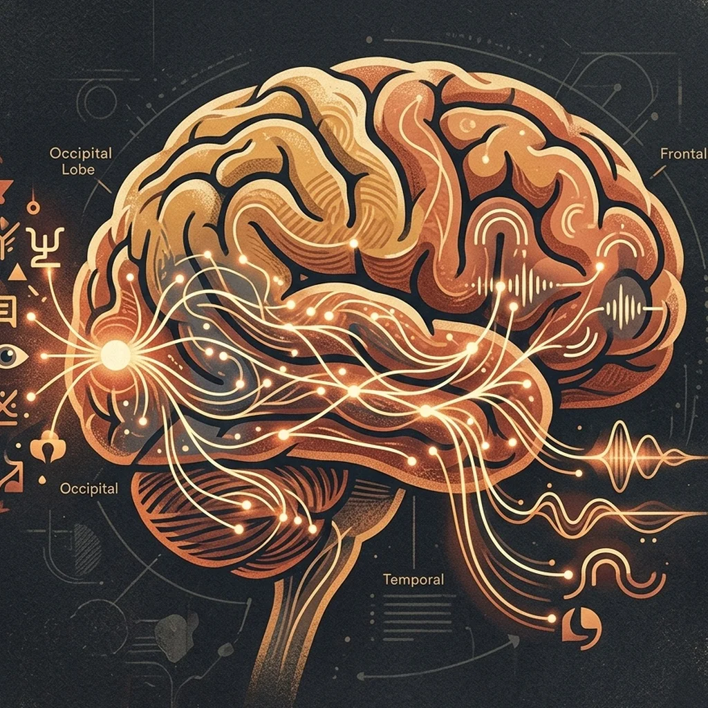 Representación del cerebro humano con conexiones neuronales entre áreas visuales y lingüísticas sobre fondo oscuro