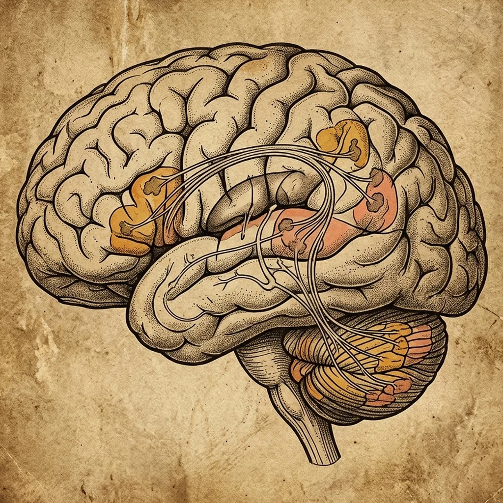 Ilustración anatómica del cerebro humano con regiones de activación lingüística y del cerebelo
