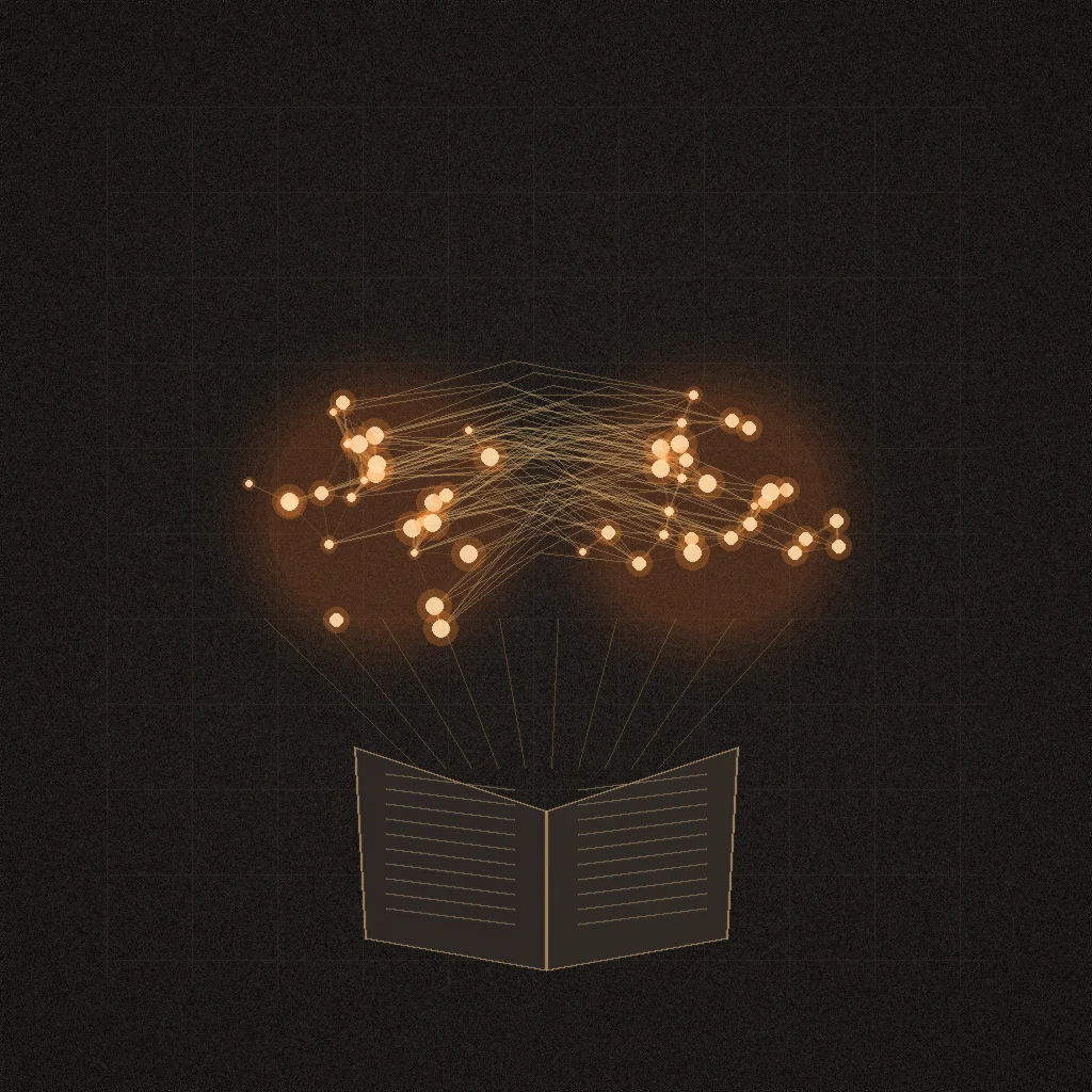 Redes neuronales y nodos interconectados sobre la ilustración de un libro abierto