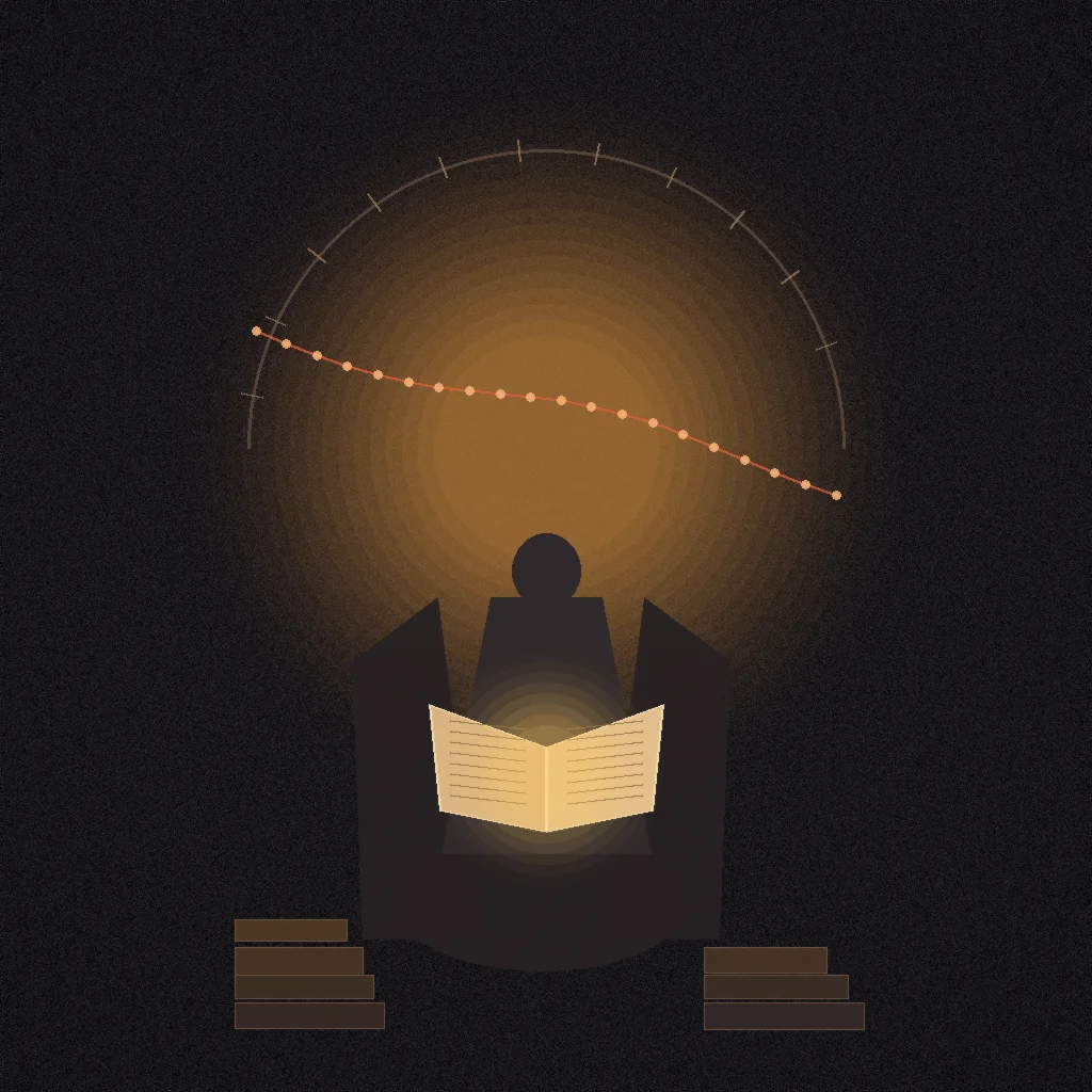 Silueta de una persona leyendo un libro en un sillón con libros apilados a los lados