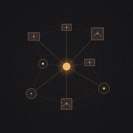 Composición gráfica de libros, discos y lienzos enlazados por una red de nodos y líneas de recomendación