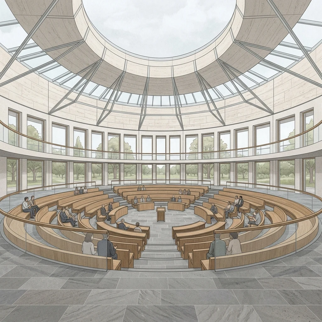 Fachada monumental de un edificio institucional con columnas clásicas