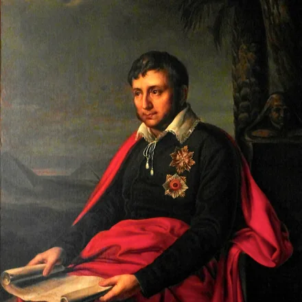 Retrato de Jan Potocki con las pirámides al fondo, por Alexander Varnek